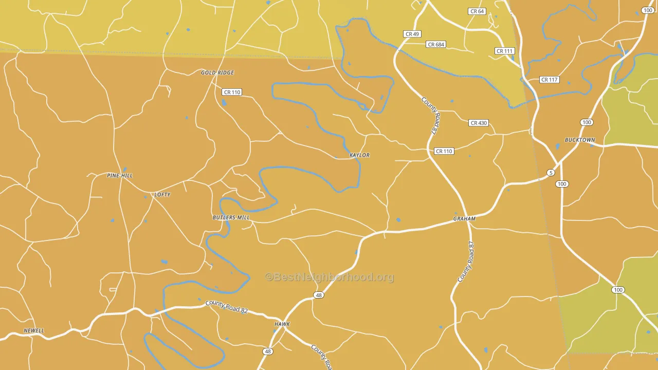 Map of the best neighborhoods in the Graham area, with better matches in green and worse matches in red