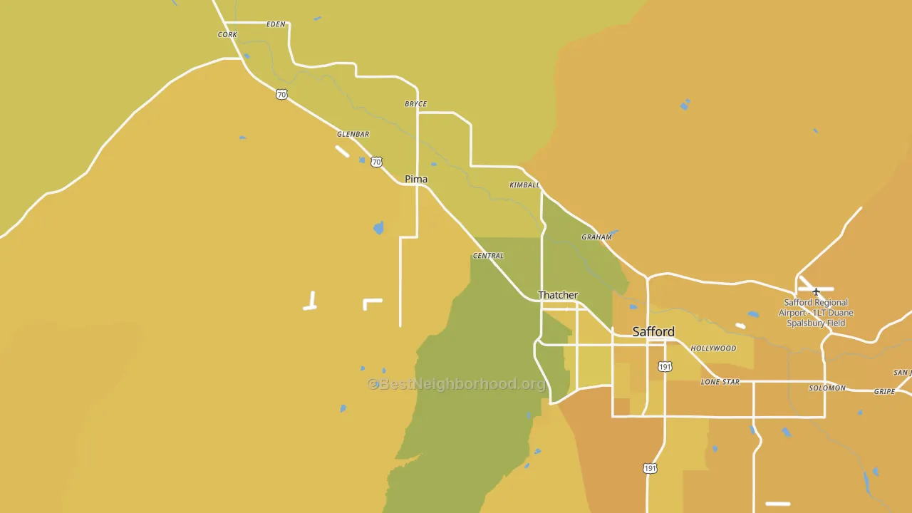 Map of the best neighborhoods in the Graham County area, with better matches in green and worse matches in red