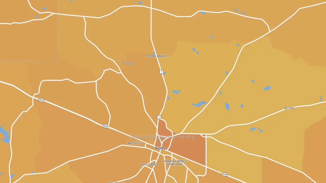 Map of the best neighborhoods in the Graham area, with better matches in green and worse matches in red