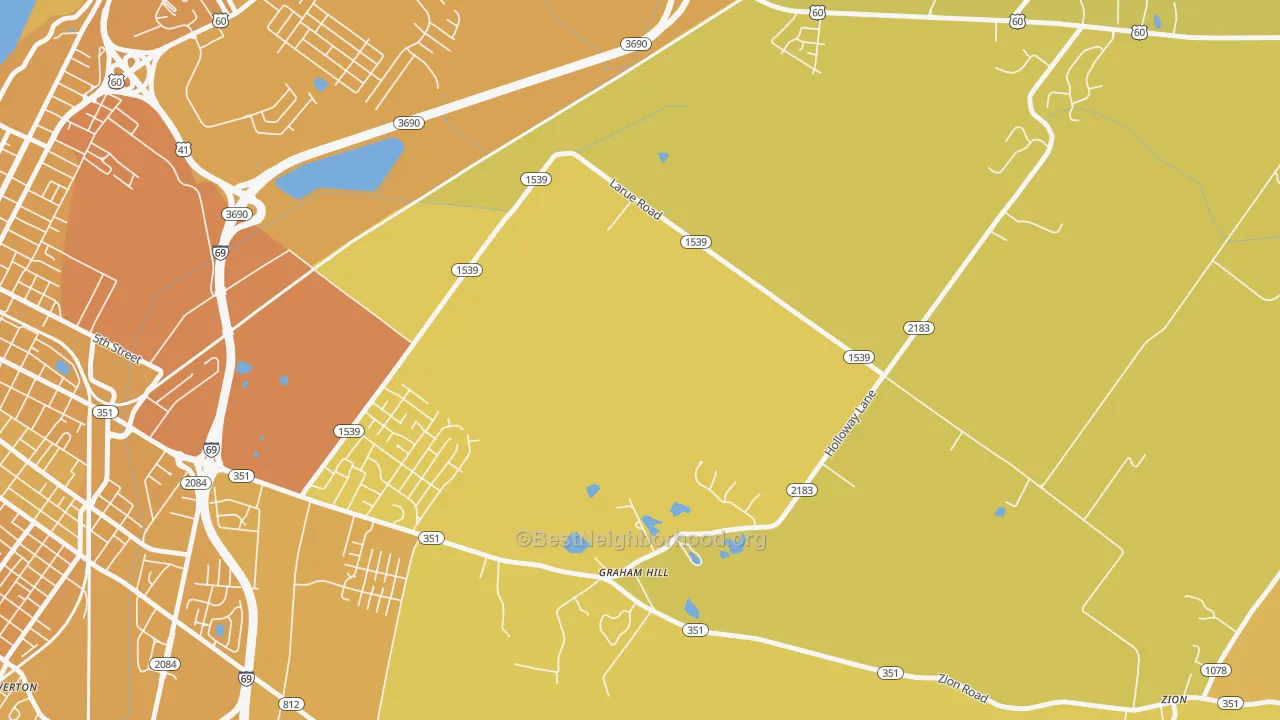 Map of the best neighborhoods in the Graham Hill area, with better matches in green and worse matches in red