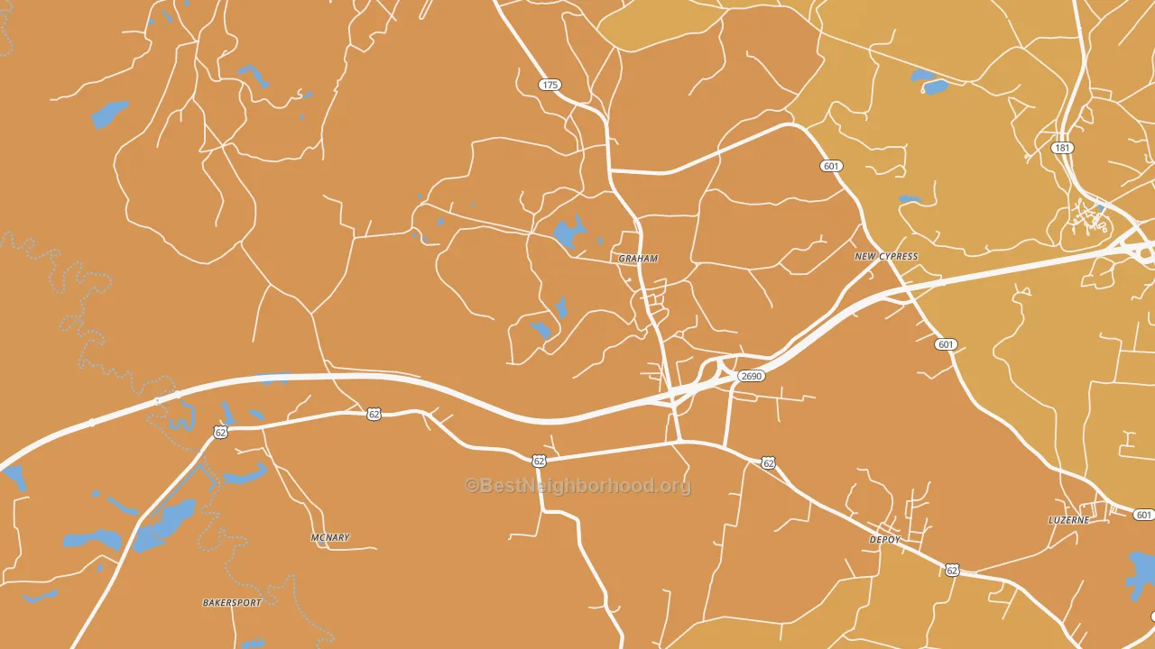Map of the best neighborhoods in the Graham area, with better matches in green and worse matches in red