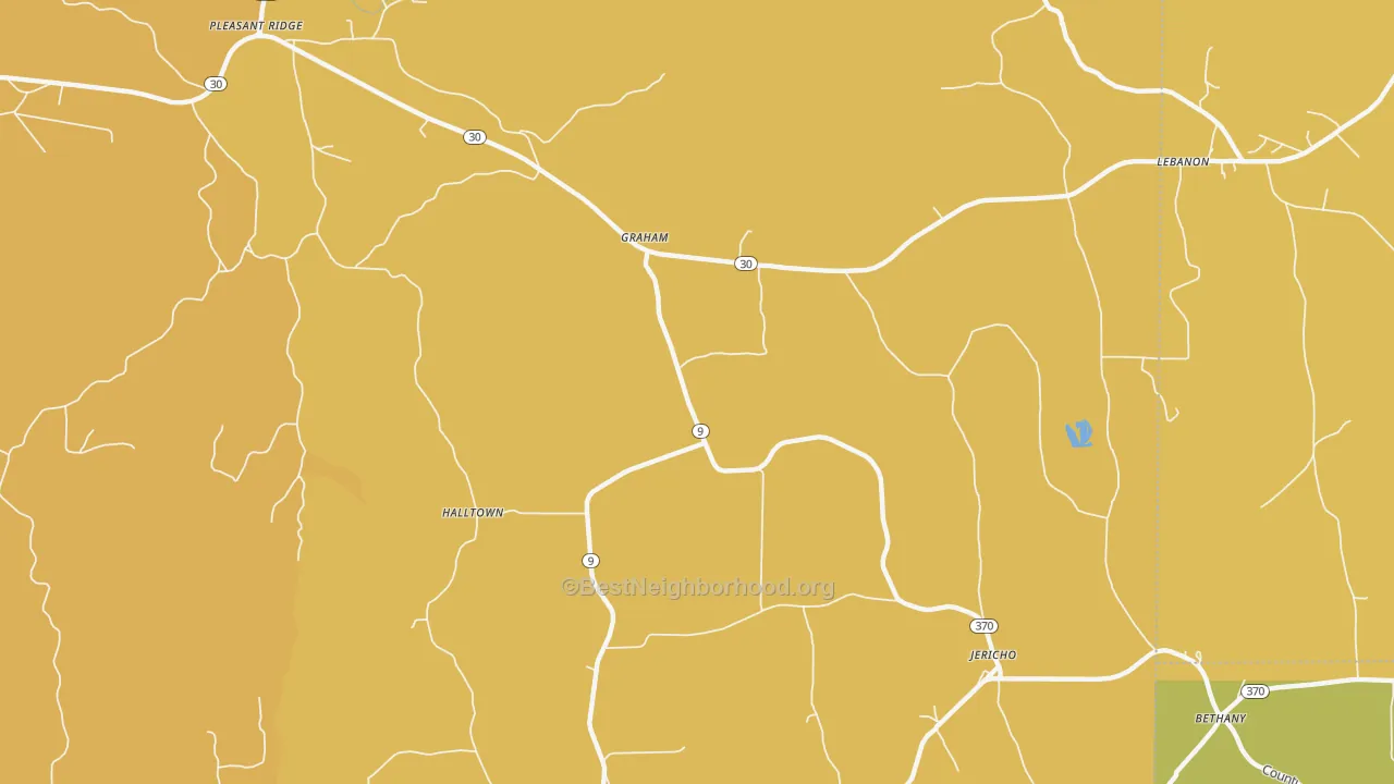 Map of the best neighborhoods in the Graham area, with better matches in green and worse matches in red
