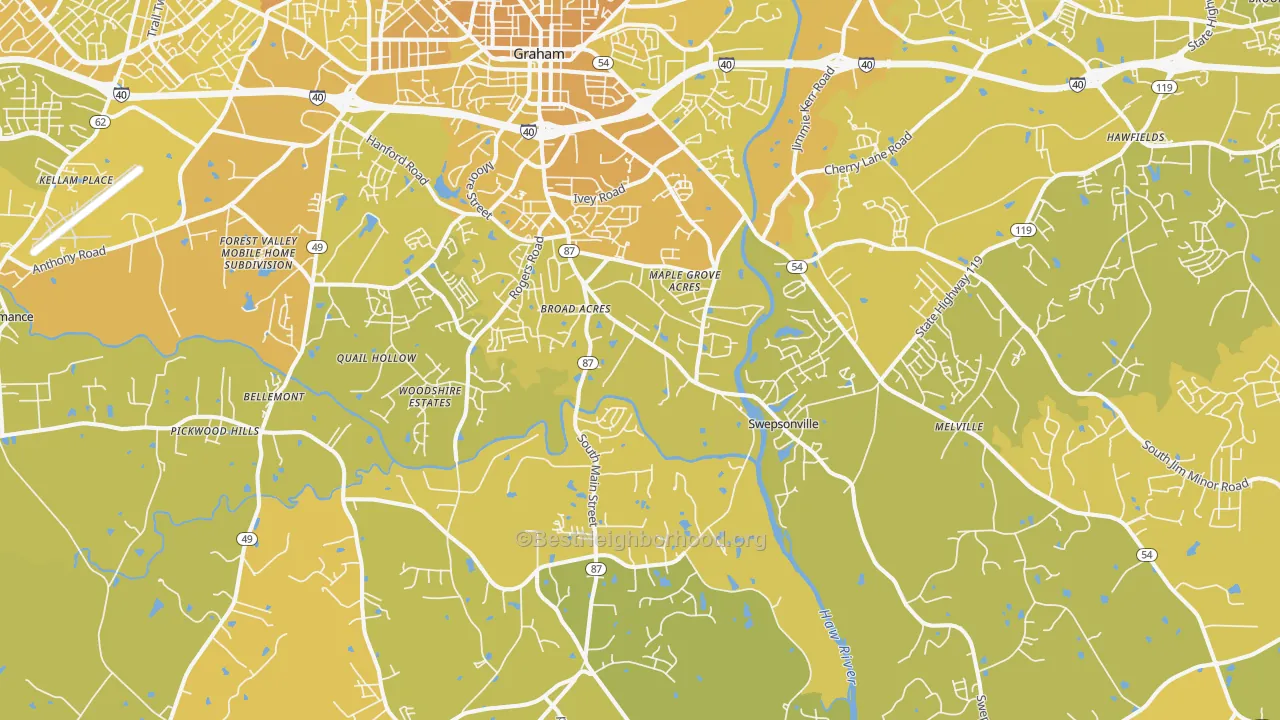 Map of the best neighborhoods in the Graham area, with better matches in green and worse matches in red