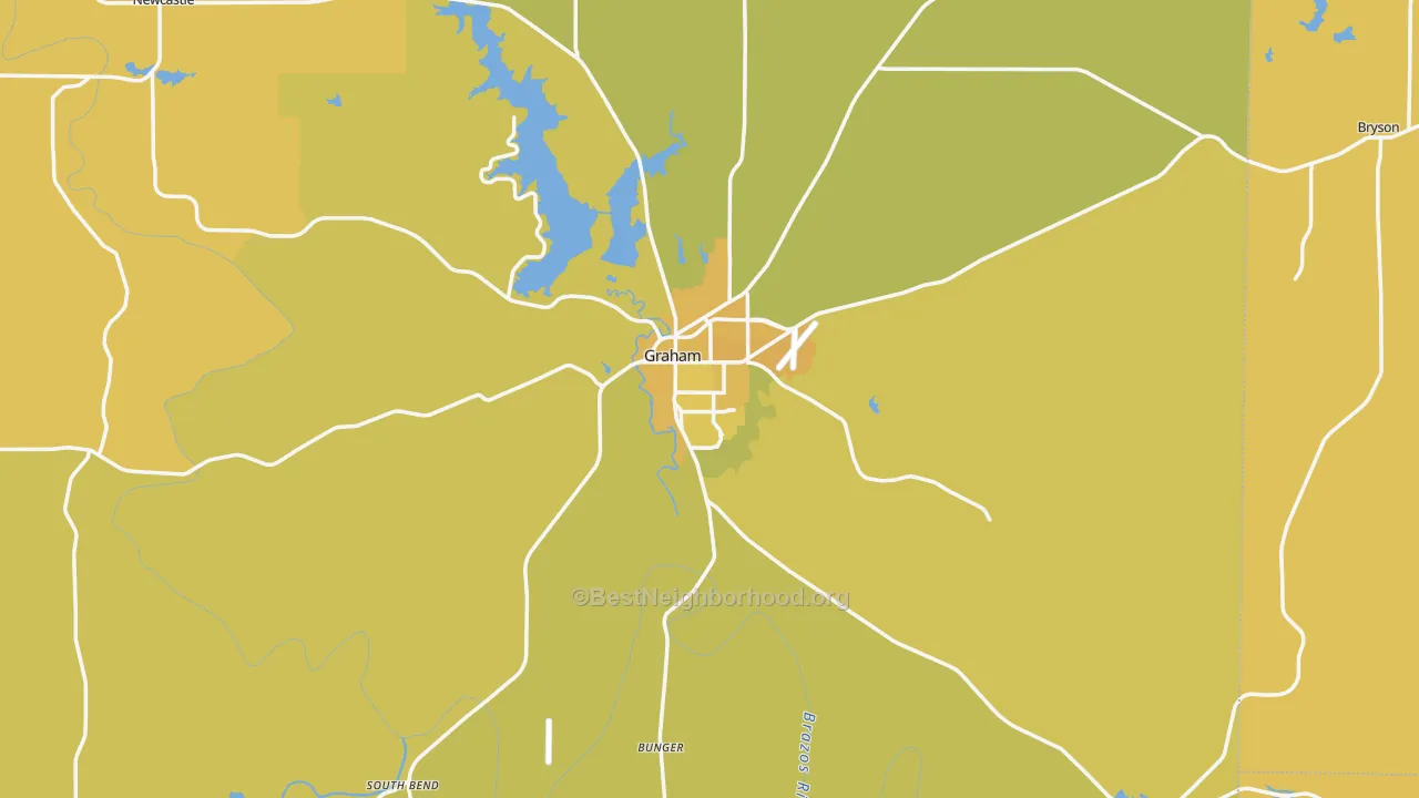 Map of the best neighborhoods in the Graham area, with better matches in green and worse matches in red