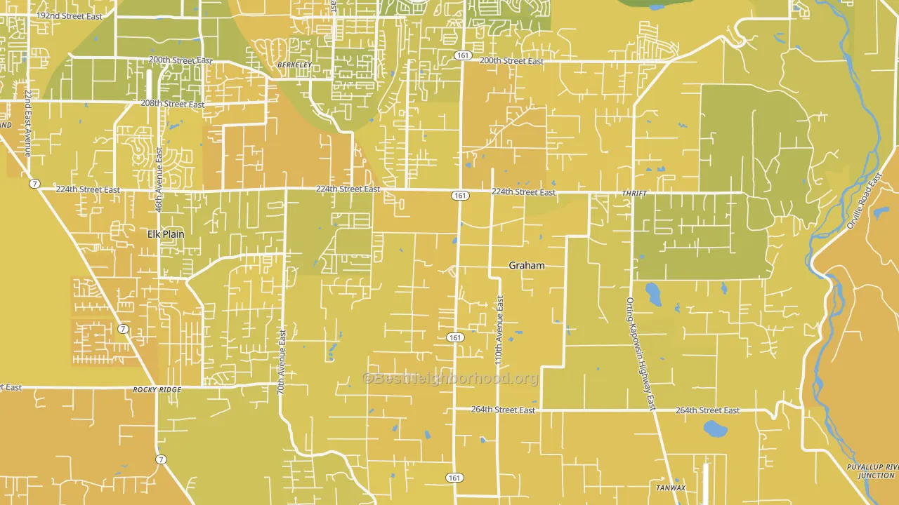 Map of the best neighborhoods in the Graham area, with better matches in green and worse matches in red