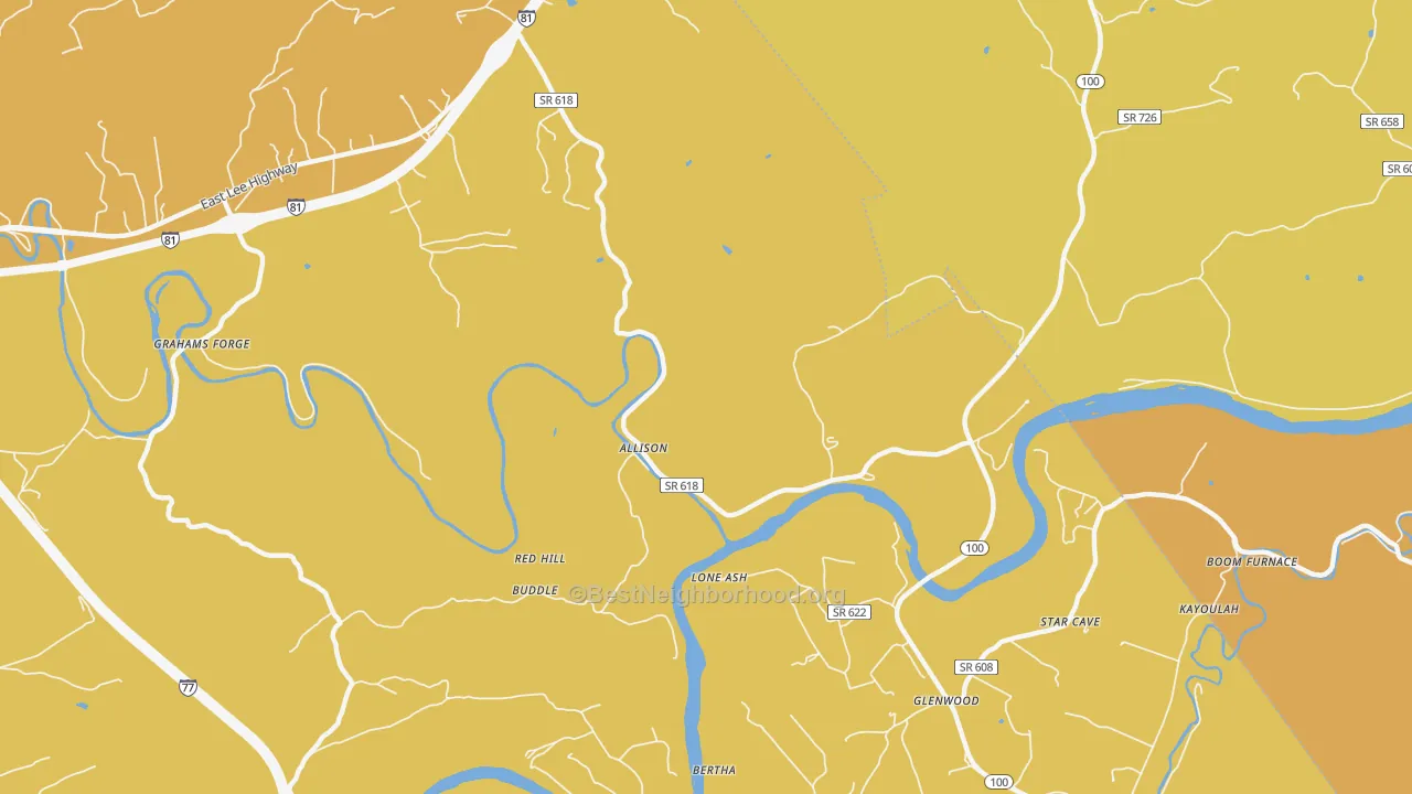 Map of the best neighborhoods in the Grahams Forge area, with better matches in green and worse matches in red