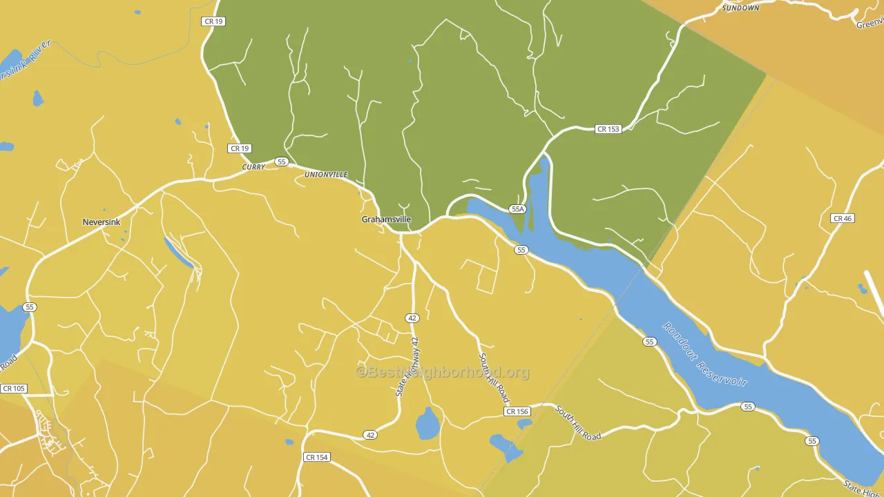 Map of the best neighborhoods in the Grahamsville area, with better matches in green and worse matches in red