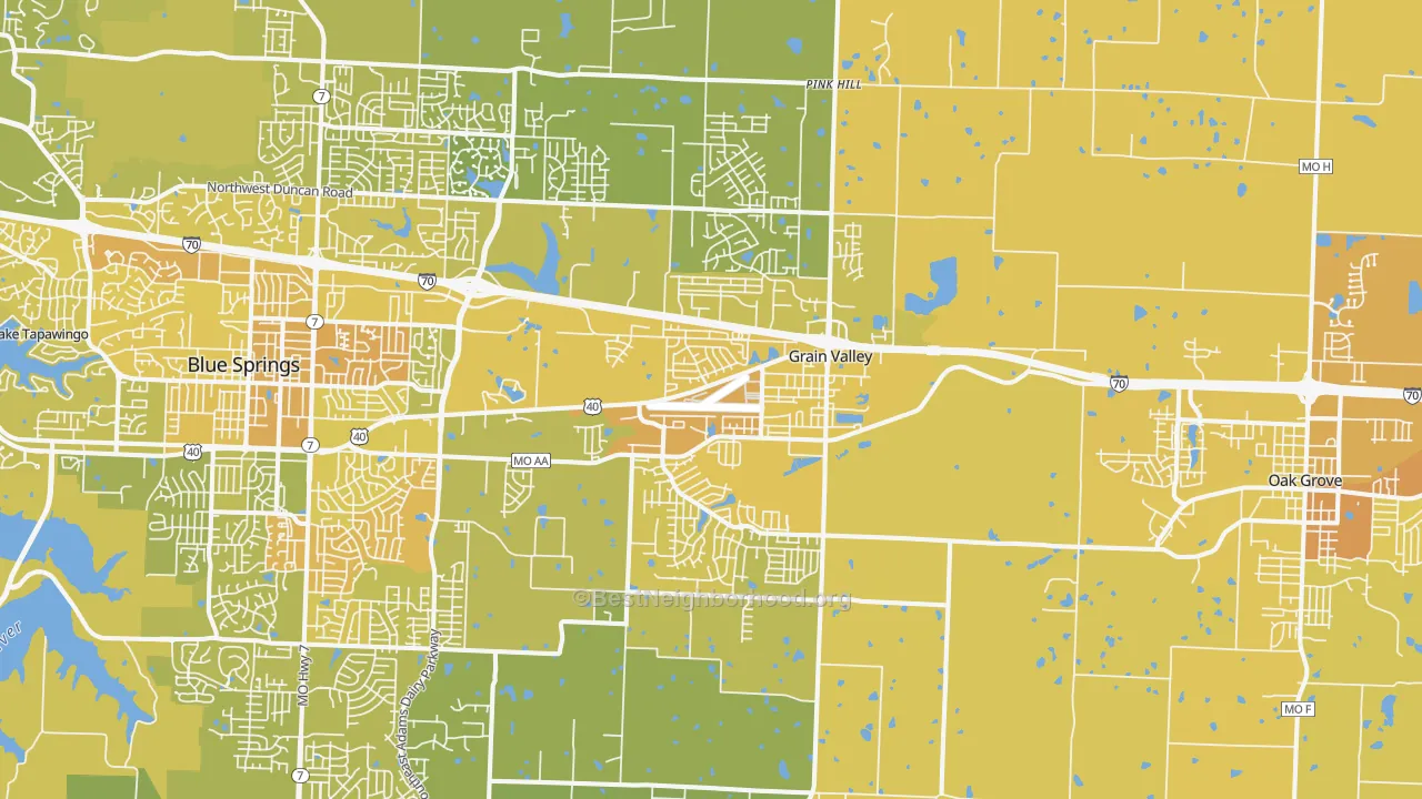 Map of the best neighborhoods in the Grain Valley area, with better matches in green and worse matches in red