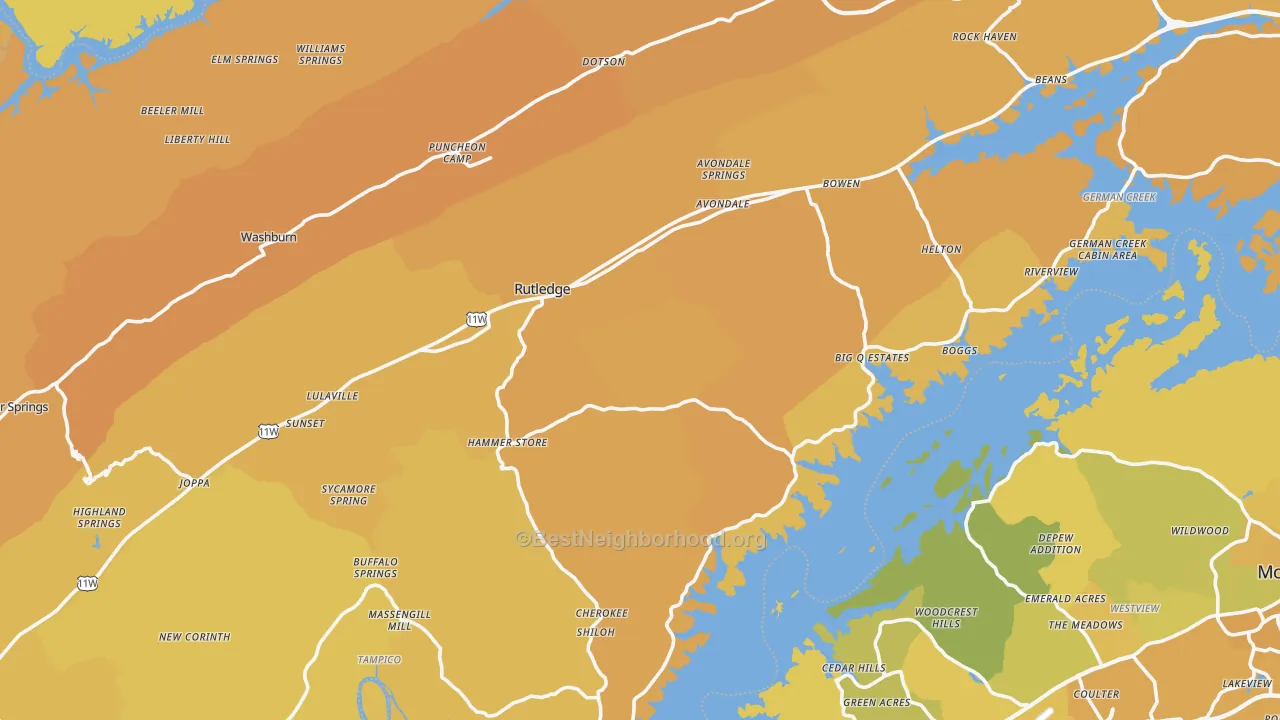 Map of the best neighborhoods in the Grainger County area, with better matches in green and worse matches in red