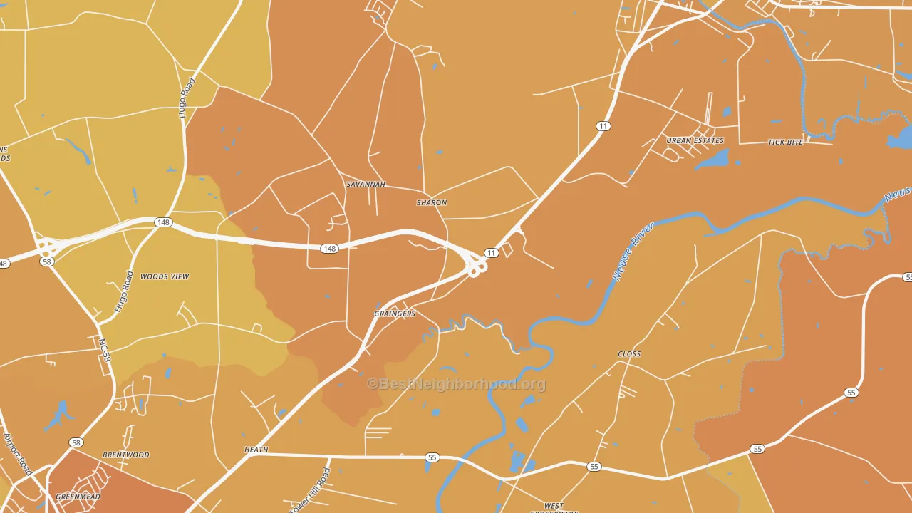 Map of the best neighborhoods in the Graingers area, with better matches in green and worse matches in red