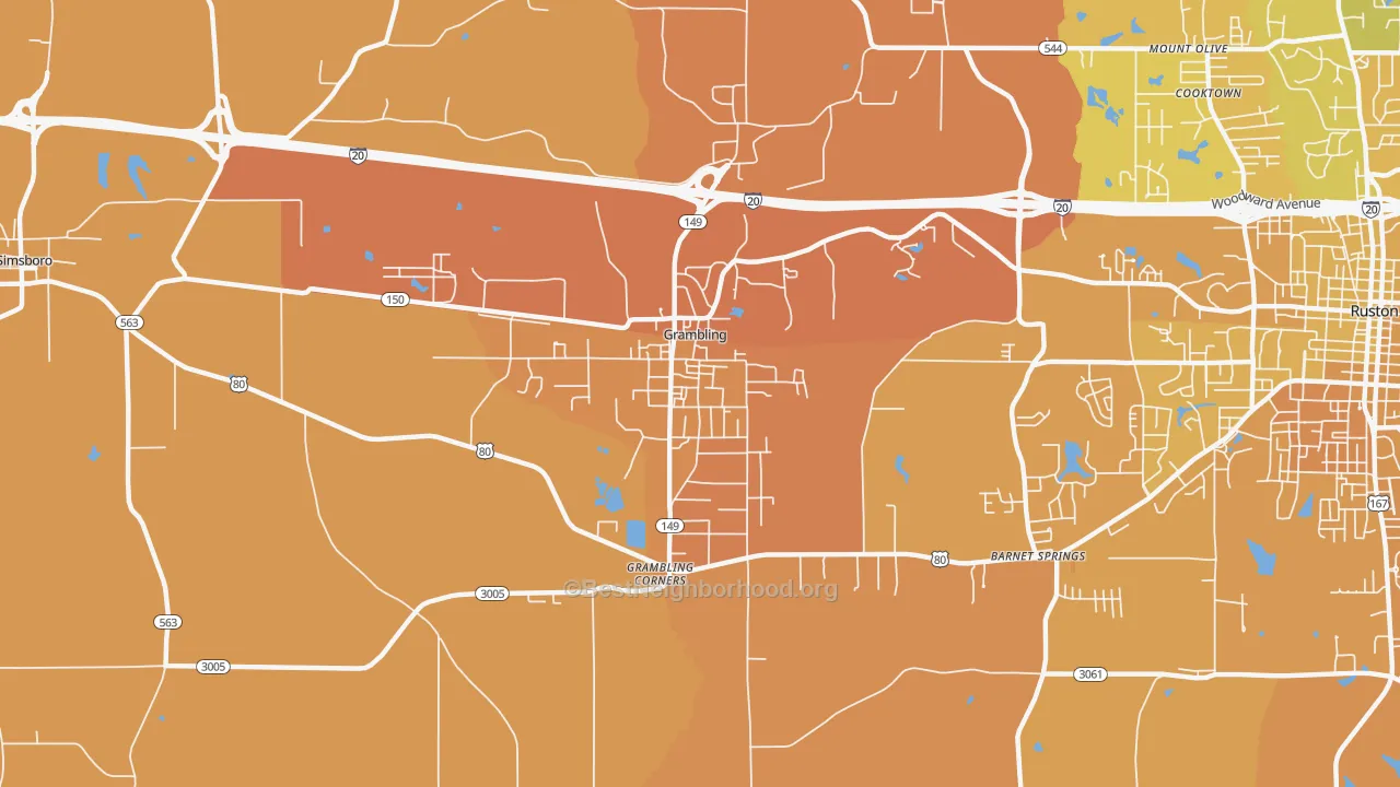 Map of the best neighborhoods in the Grambling area, with better matches in green and worse matches in red