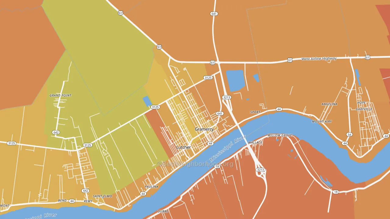 Map of the best neighborhoods in the Gramercy area, with better matches in green and worse matches in red