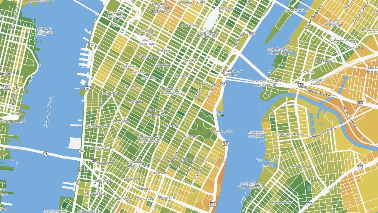Map of the best neighborhoods in the Gramercy, Manhattan area, with better matches in green and worse matches in red
