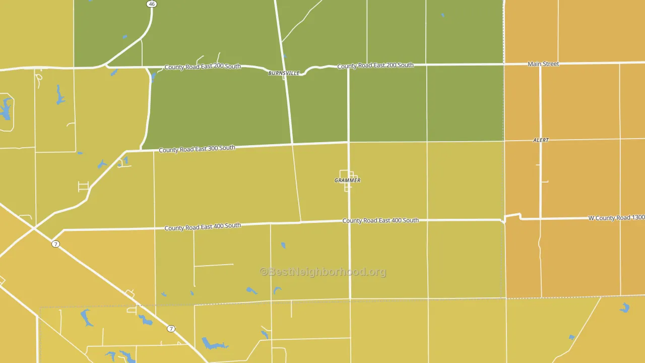 Map of the best neighborhoods in the Grammer area, with better matches in green and worse matches in red