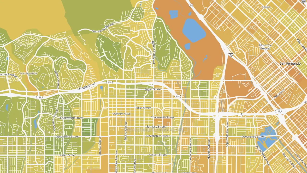 Map of the best neighborhoods in the Granada Hills area, with better matches in green and worse matches in red