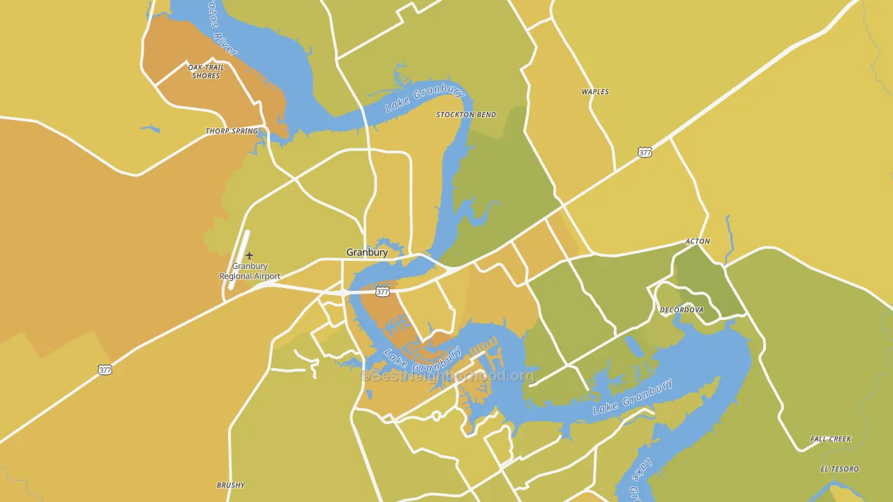 Map of the best neighborhoods in the Granbury area, with better matches in green and worse matches in red