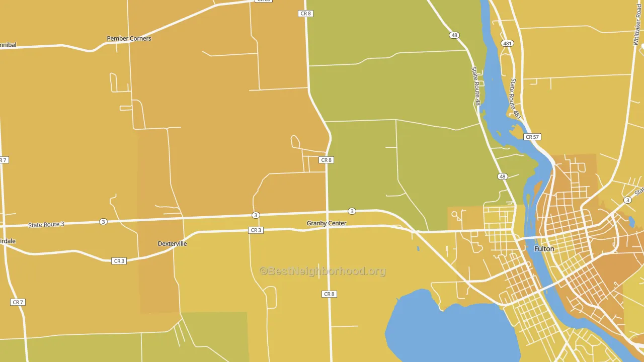 Map of the best neighborhoods in the Granby Center area, with better matches in green and worse matches in red
