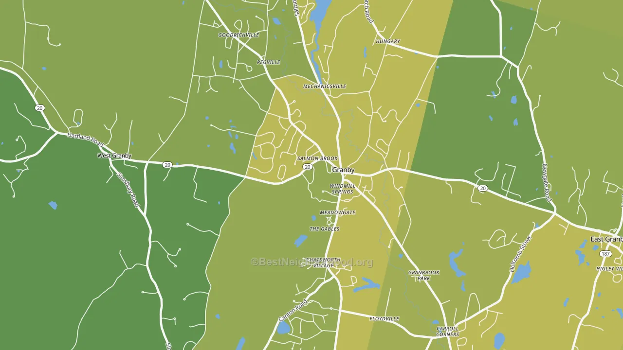 Map of the best neighborhoods in the Granby area, with better matches in green and worse matches in red