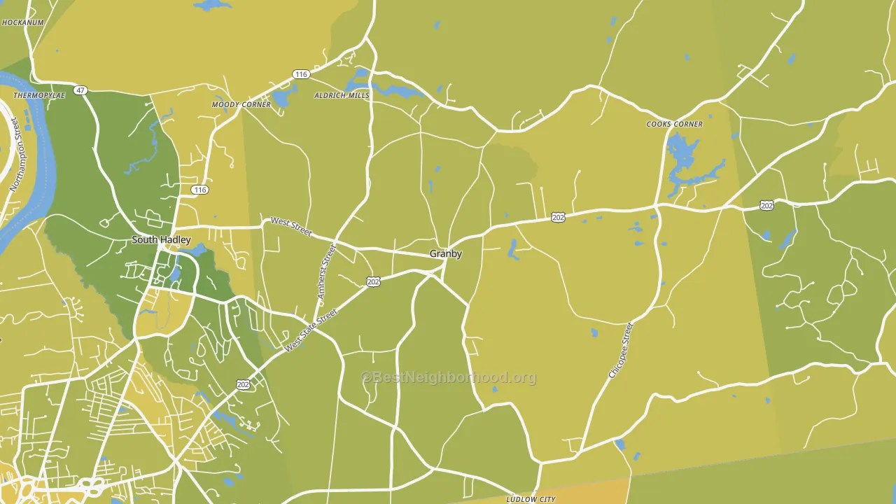 Map of the best neighborhoods in the Granby area, with better matches in green and worse matches in red