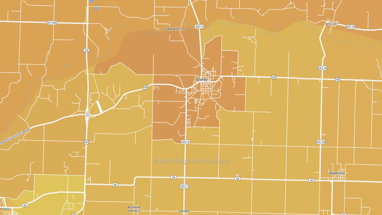 Map of the best neighborhoods in the Granby area, with better matches in green and worse matches in red