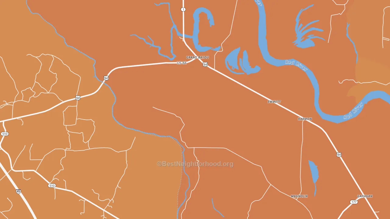 Map of the best neighborhoods in the Grand Bayou area, with better matches in green and worse matches in red