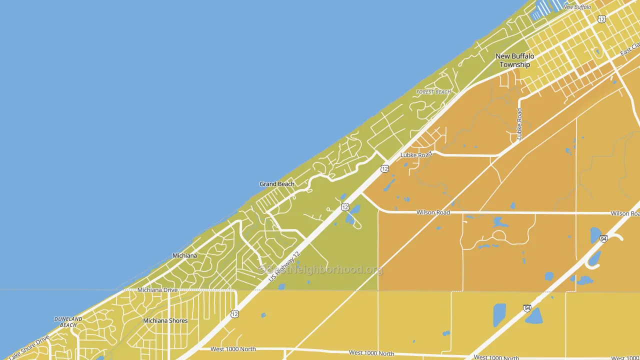 Map of the best neighborhoods in the Grand Beach area, with better matches in green and worse matches in red