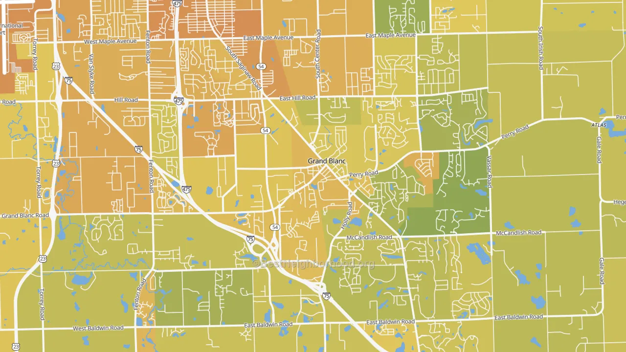 Map of the best neighborhoods in the Grand Blanc area, with better matches in green and worse matches in red
