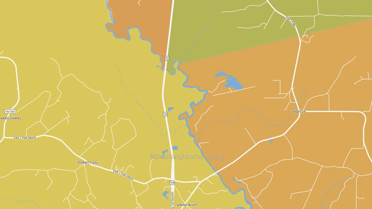 Map of the best neighborhoods in the Grand Bluff area, with better matches in green and worse matches in red