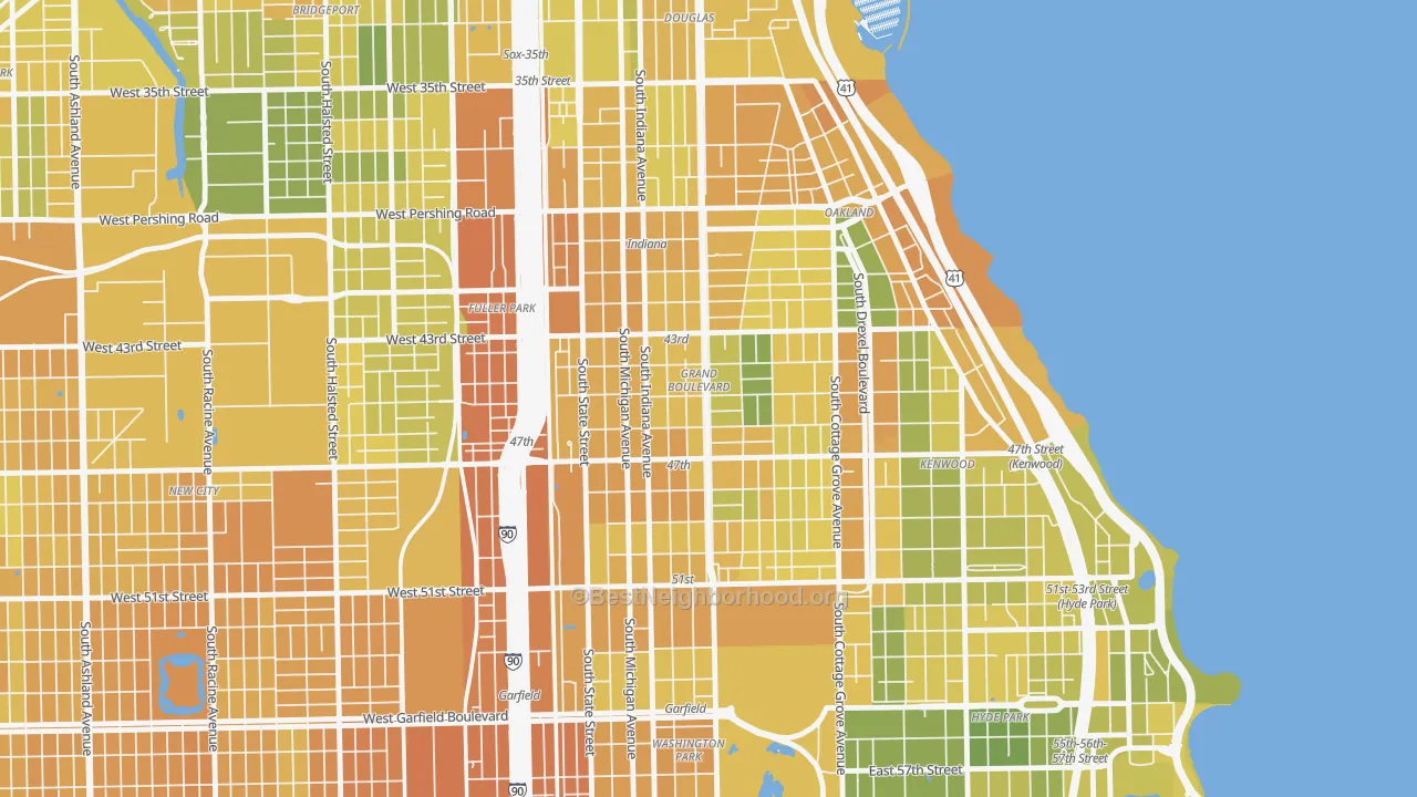 Map of the best neighborhoods in the Grand Boulevard, Chicago area, with better matches in green and worse matches in red