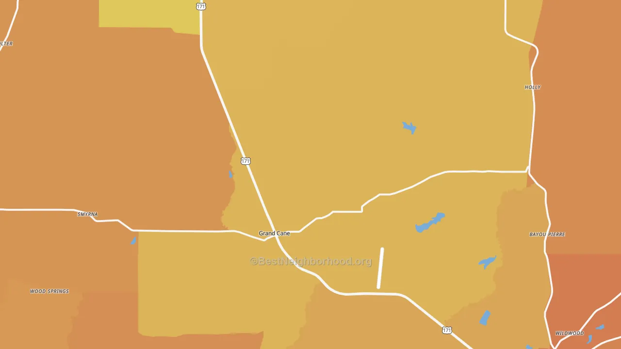 Map of the best neighborhoods in the Grand Cane area, with better matches in green and worse matches in red