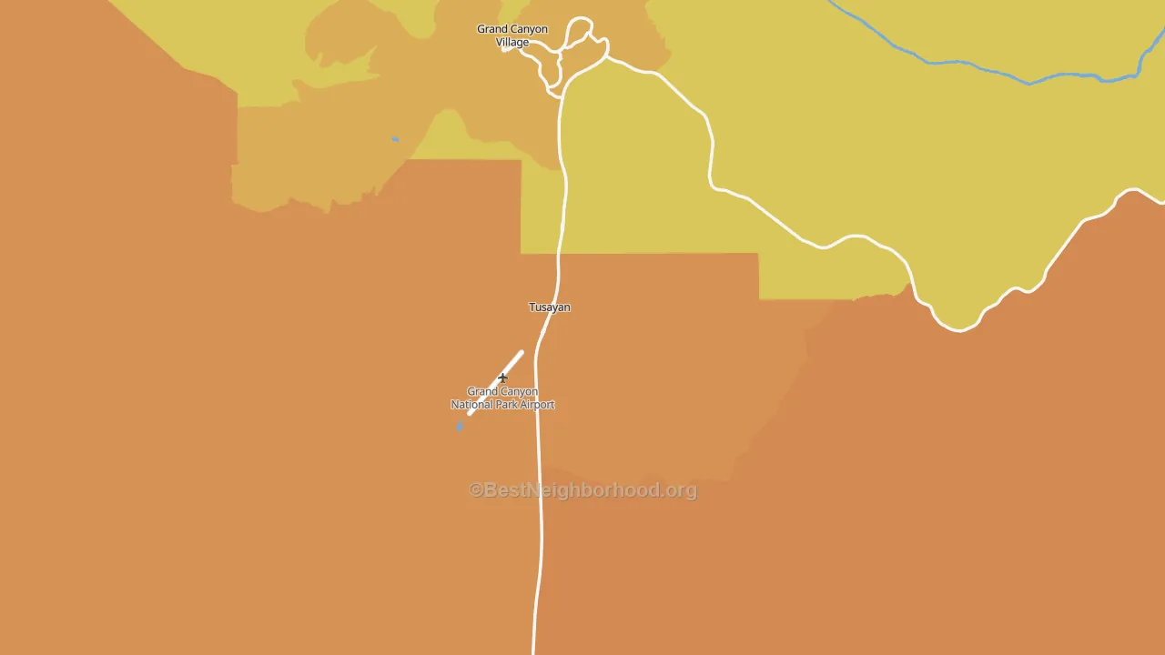 Map of the best neighborhoods in the Grand Canyon area, with better matches in green and worse matches in red