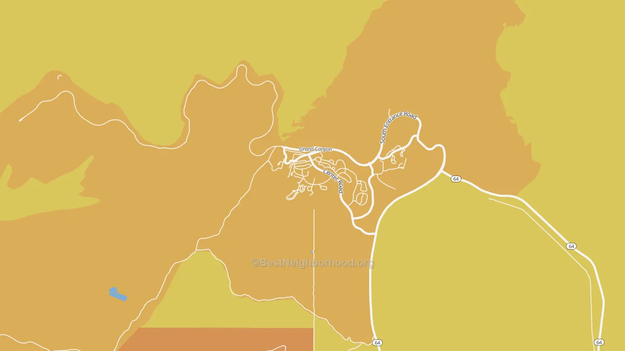 Map of the best neighborhoods in the Grand Canyon Village area, with better matches in green and worse matches in red