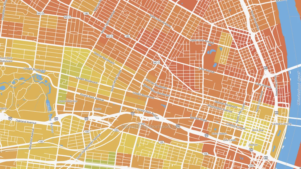 Map of the best neighborhoods in the Grand Center, St. Louis area, with better matches in green and worse matches in red