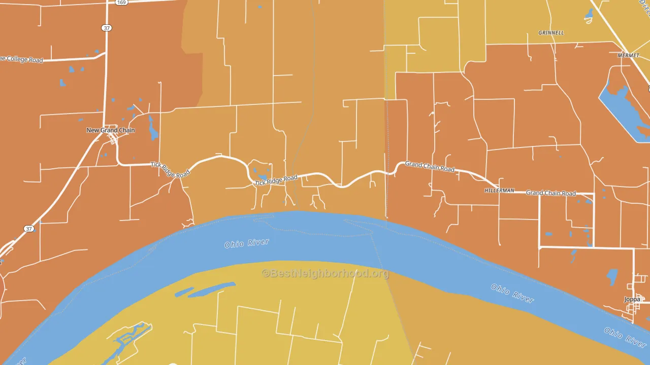 Map of the best neighborhoods in the Grand Chain area, with better matches in green and worse matches in red