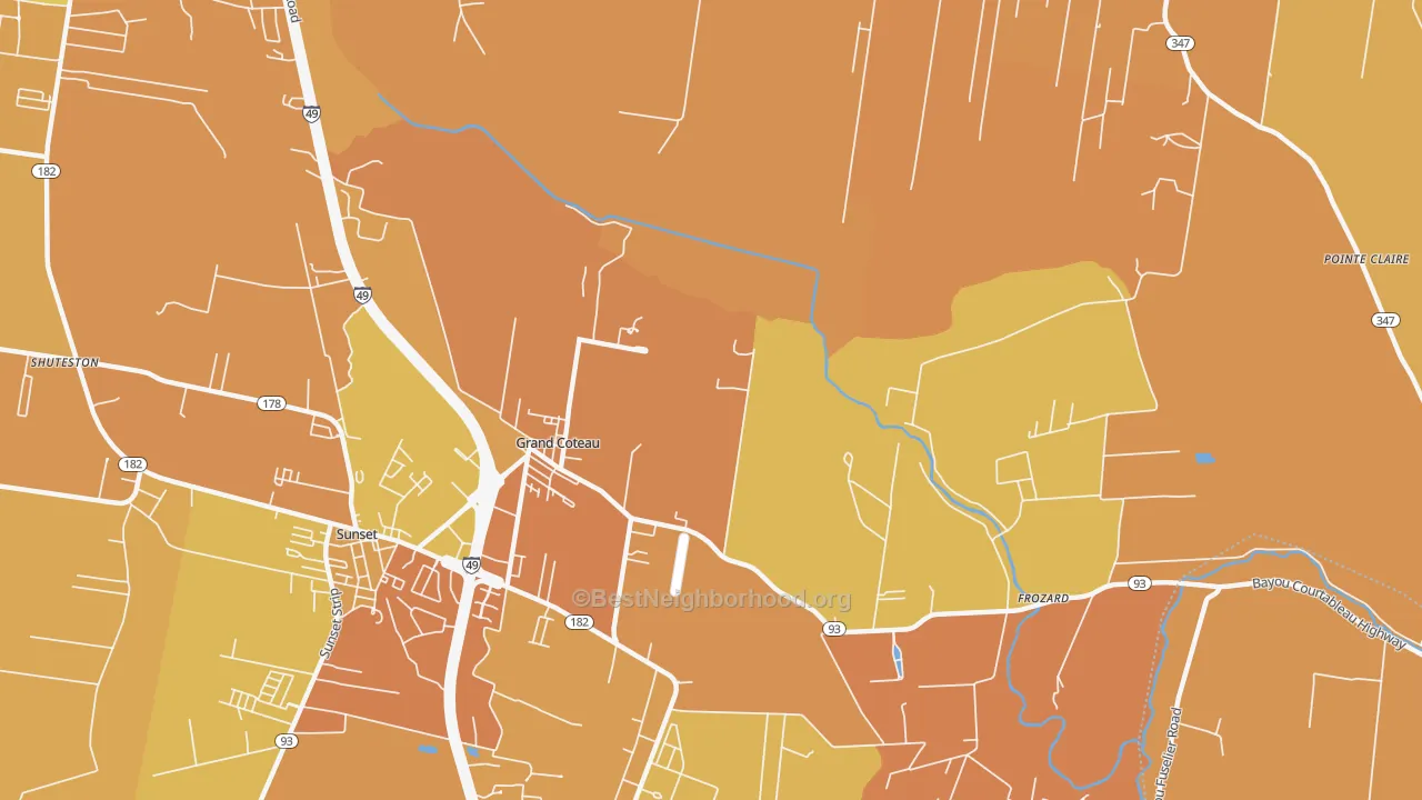 Map of the best neighborhoods in the Grand Coteau area, with better matches in green and worse matches in red