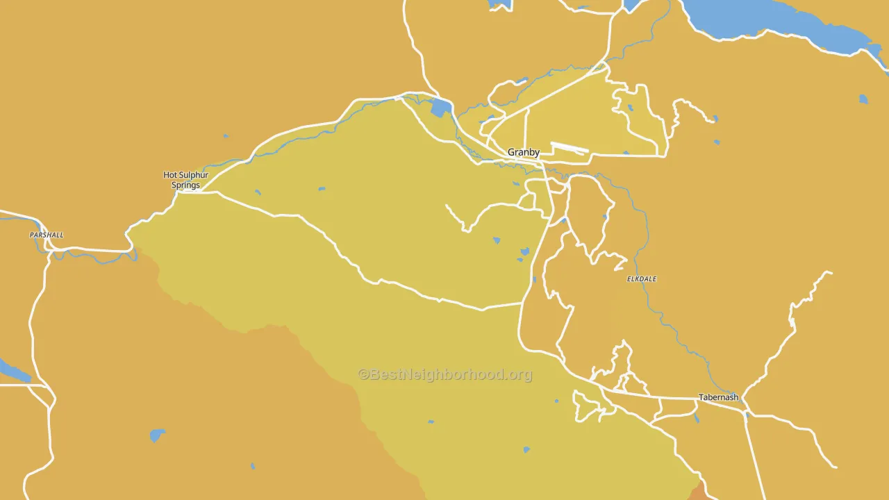Map of the best neighborhoods in the Grand County area, with better matches in green and worse matches in red
