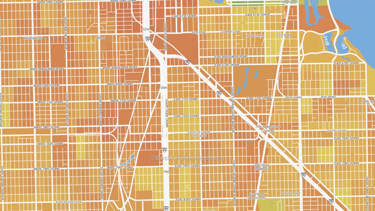 Map of the best neighborhoods in the Grand Crossing, Chicago area, with better matches in green and worse matches in red