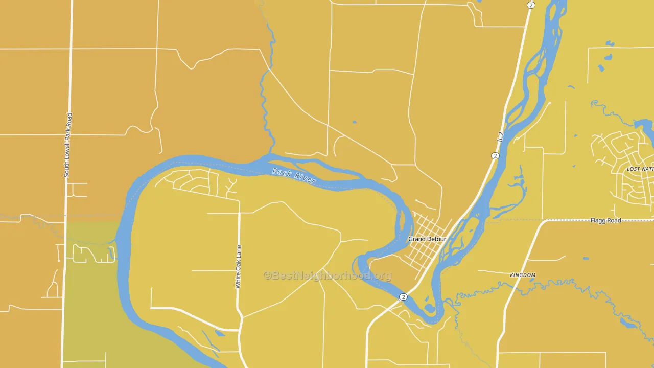 Map of the best neighborhoods in the Grand Detour area, with better matches in green and worse matches in red