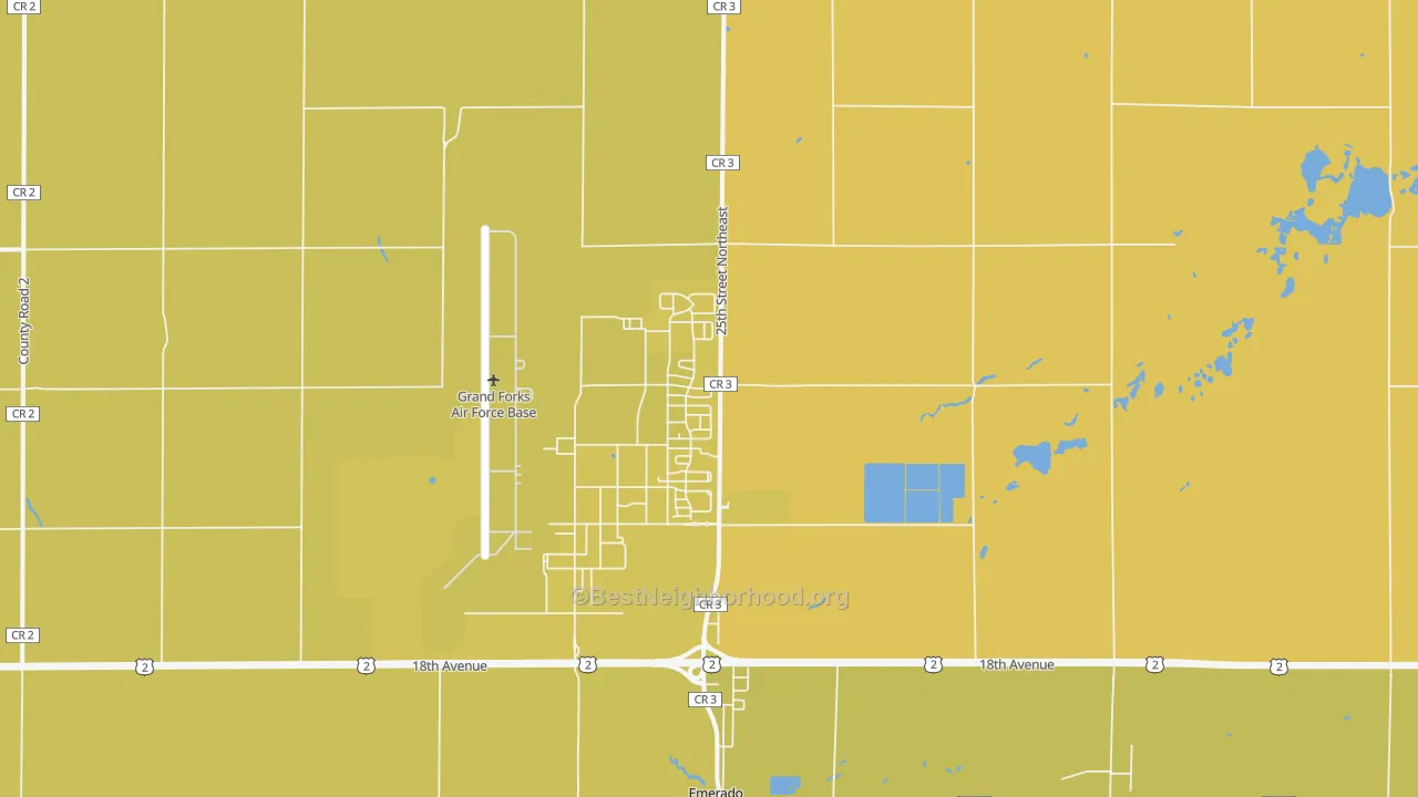 Map of the best neighborhoods in the Grand Forks Afb area, with better matches in green and worse matches in red