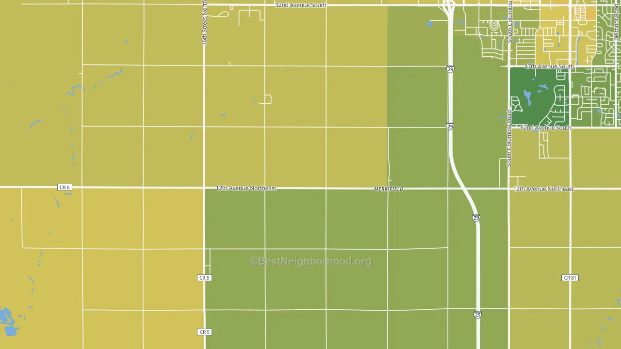 Map of the best neighborhoods in the Grand Forks Air Force Base area, with better matches in green and worse matches in red