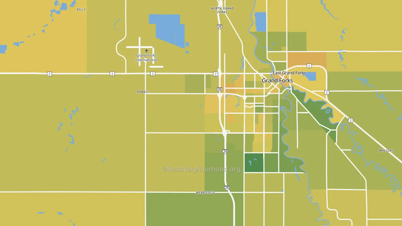 Map of the best neighborhoods in the Grand Forks County area, with better matches in green and worse matches in red