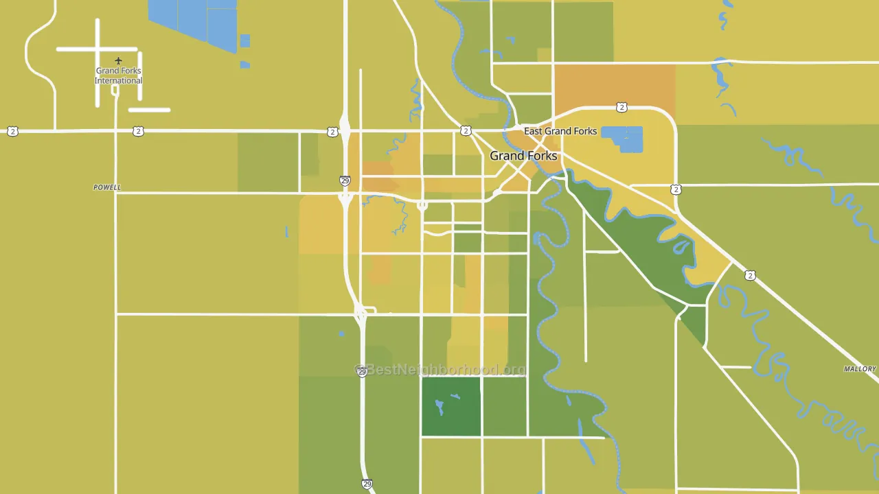 Map of the best neighborhoods in the Grand Forks Metro area, with better matches in green and worse matches in red