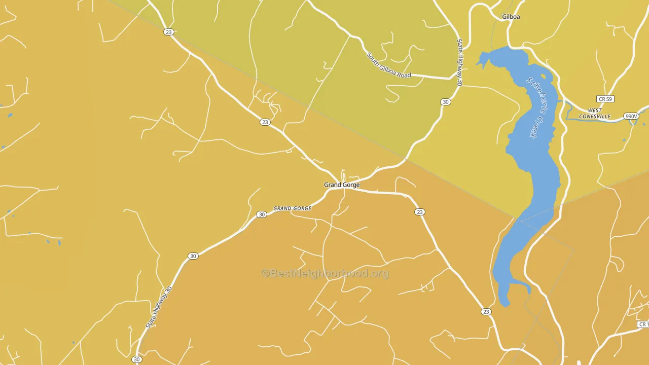 Map of the best neighborhoods in the Grand Gorge area, with better matches in green and worse matches in red