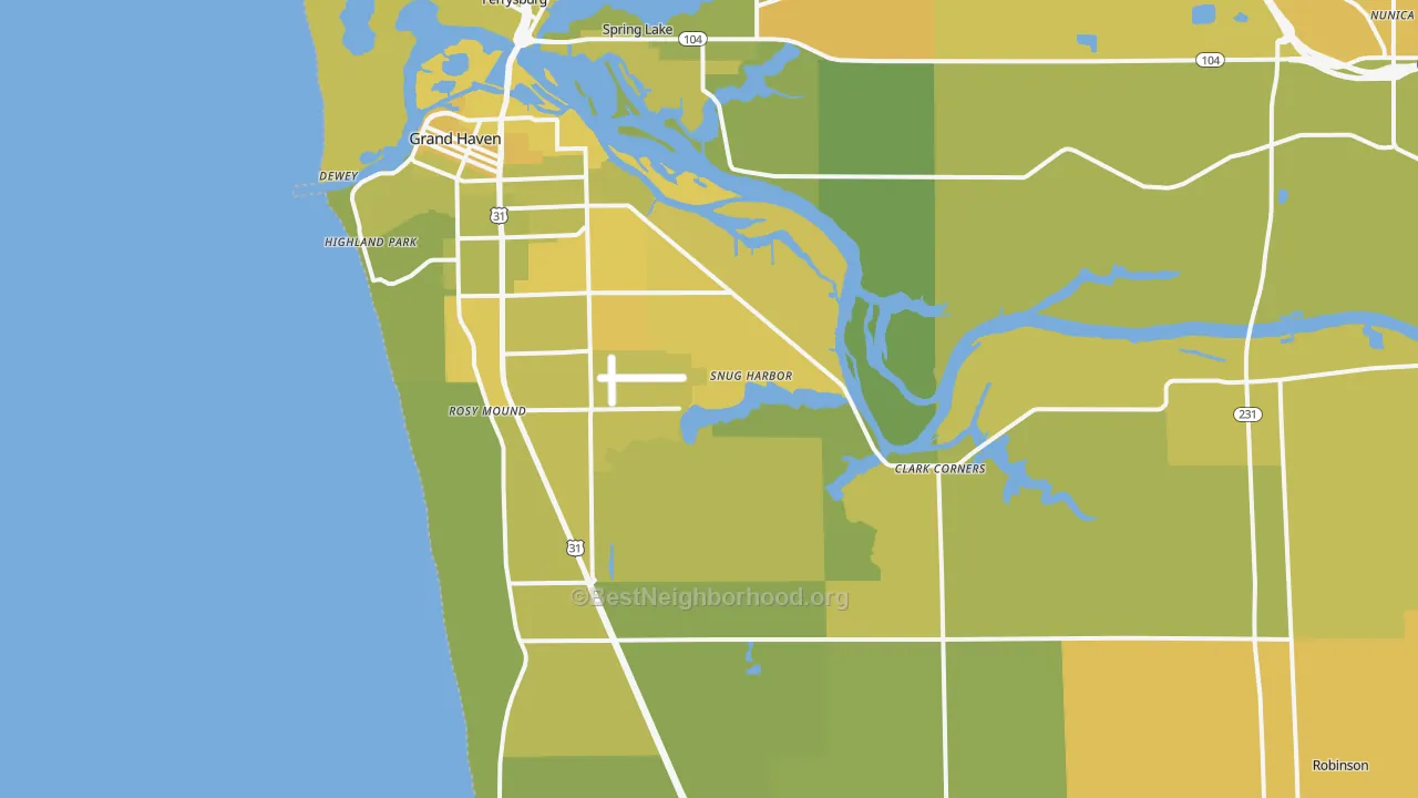 Map of the best neighborhoods in the Grand Haven area, with better matches in green and worse matches in red