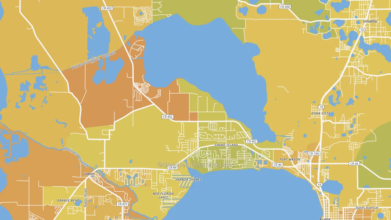 Map of the best neighborhoods in the Grand Island area, with better matches in green and worse matches in red