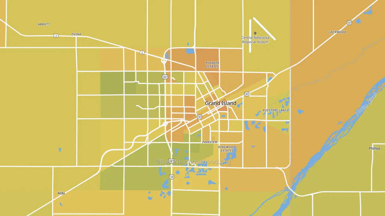 Map of the best neighborhoods in the Grand Island Metro area, with better matches in green and worse matches in red