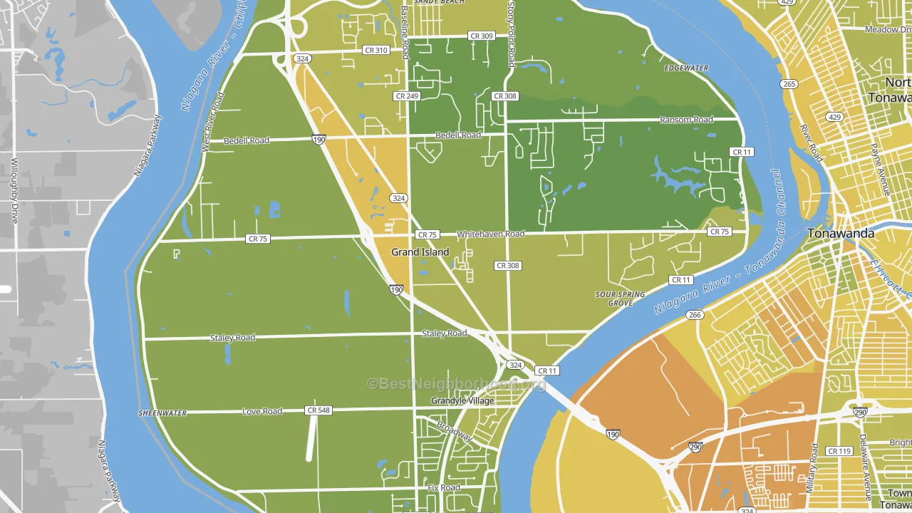 Map of the best neighborhoods in the Grand Island area, with better matches in green and worse matches in red