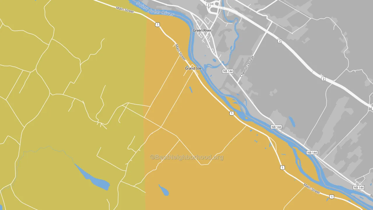 Map of the best neighborhoods in the Grand Isle area, with better matches in green and worse matches in red