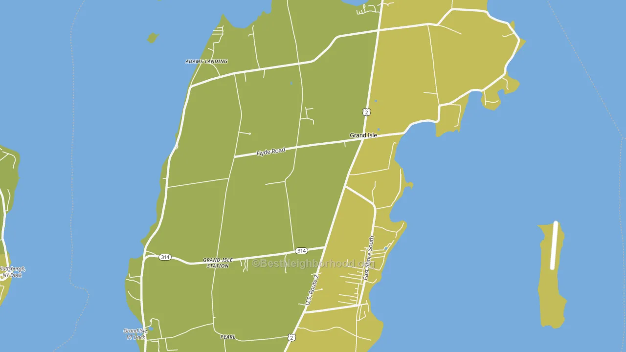 Map of the best neighborhoods in the Grand Isle area, with better matches in green and worse matches in red