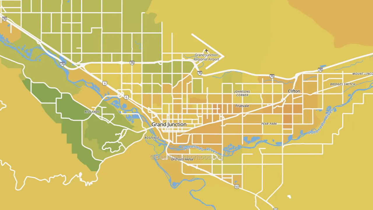 Map of the best neighborhoods in the Grand Junction Metro area, with better matches in green and worse matches in red